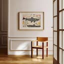 Room view with a matted frame of A wabi sabi textile print, fish pattern