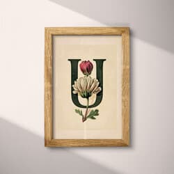 Letter U Digital Download | Typography Wall Decor | Flowers Decor | Beige, Black and Brown Print | Vintage Wall Art | Bedroom Art | Back To School Digital Download | Autumn Wall Decor | Pastel Pencil Illustration