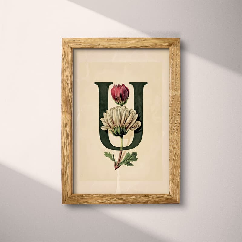 Full frame view of A vintage pastel pencil illustration, the letter "U" with a flower