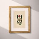 Matted frame view of A vintage pastel pencil illustration, the letter "U" with a flower