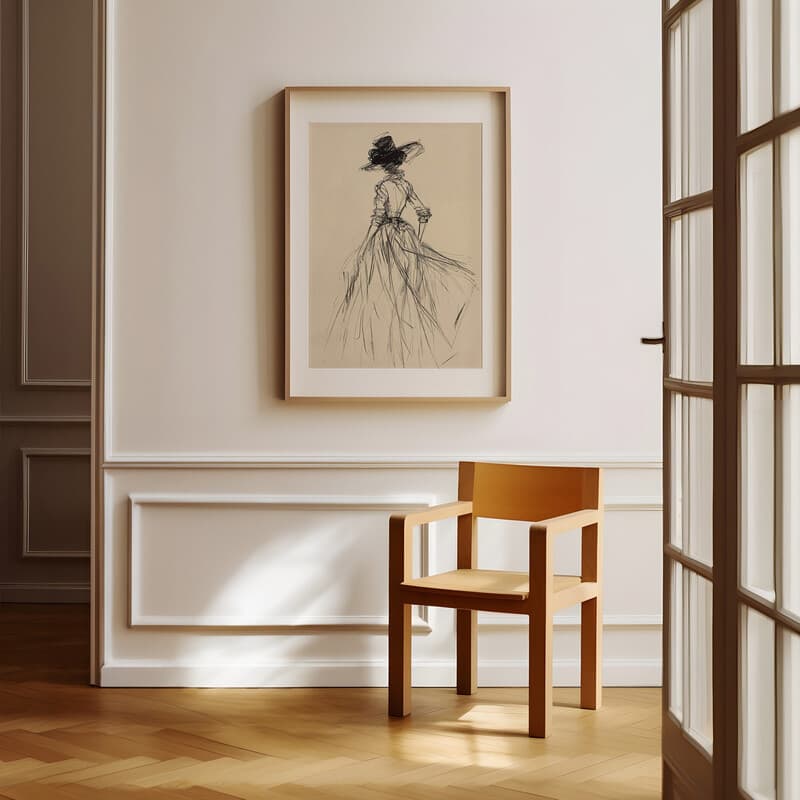 Room view with a matted frame of A vintage graphite sketch, fashion sketch