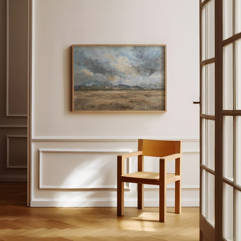 Room view with a full frame of An impressionist oil painting, mesa landscape, cloudy sky