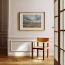 Room view with a matted frame of An impressionist oil painting, mesa landscape, cloudy sky