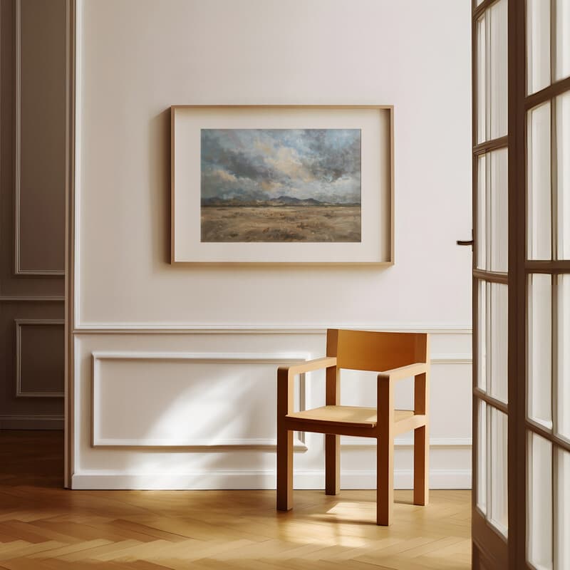 Room view with a matted frame of An impressionist oil painting, mesa landscape, cloudy sky