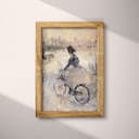 Full frame view of An abstract vintage oil painting, woman riding a bicycle in a park, side view