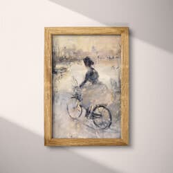 Woman Bicycling Art | Outdoor Wall Art | Portrait Print | Gray, Black and White Decor | Vintage Wall Decor | Living Room Digital Download | Autumn Art | Oil Painting