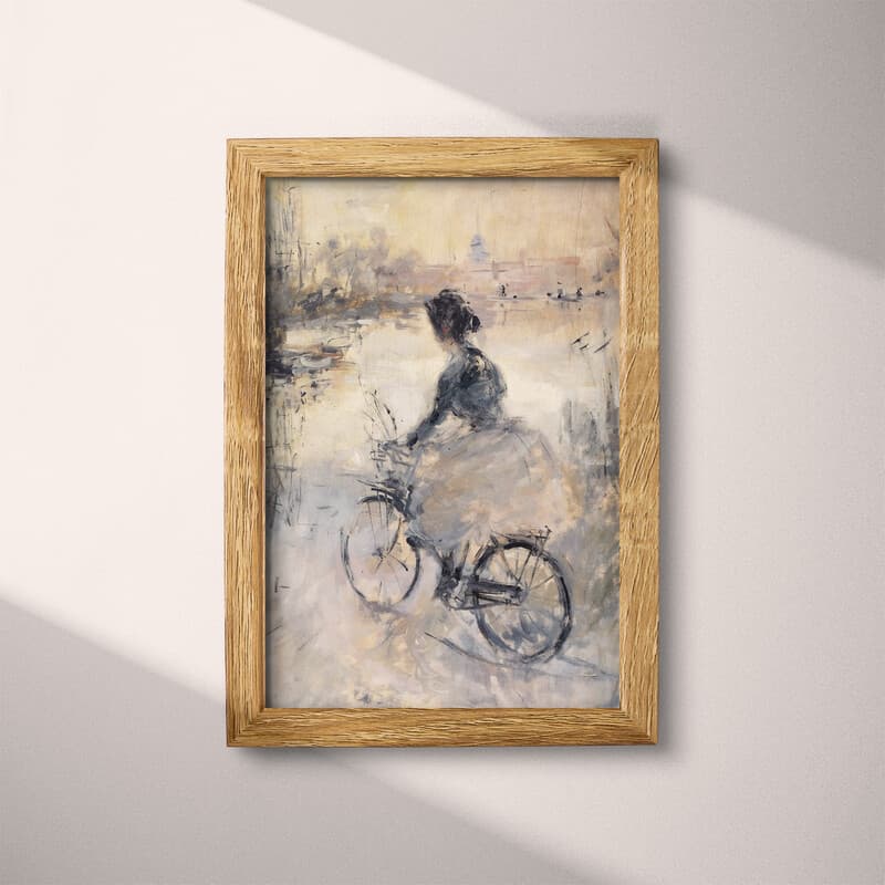 Full frame view of An abstract vintage oil painting, woman riding a bicycle in a park, side view