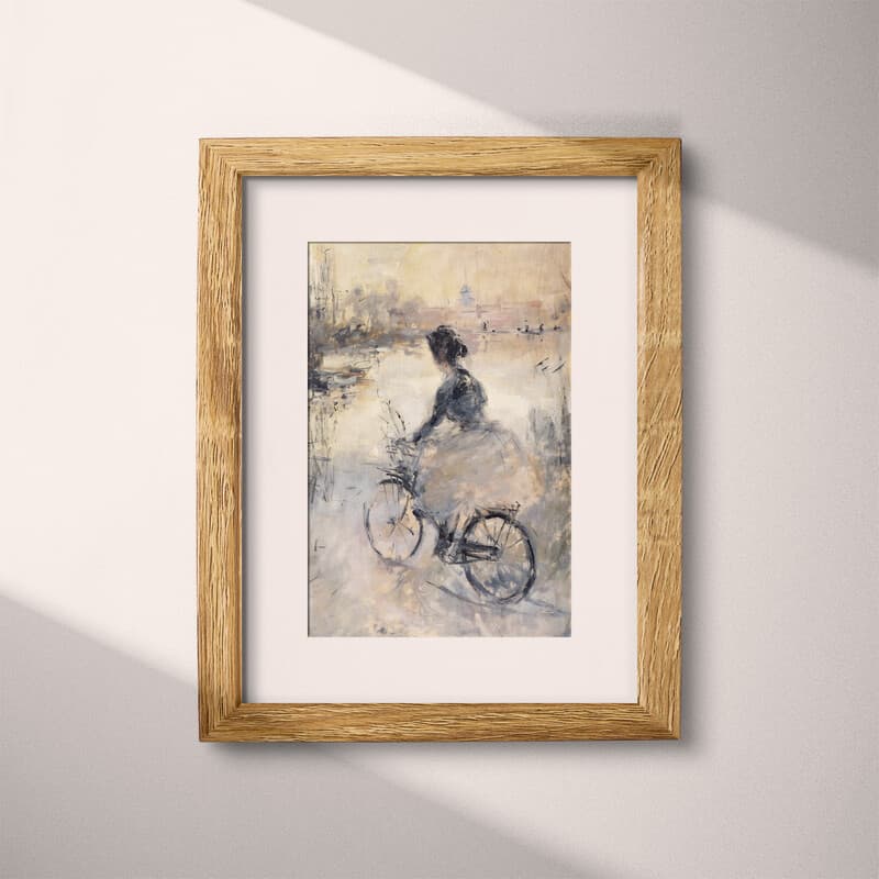 Matted frame view of An abstract vintage oil painting, woman riding a bicycle in a park, side view