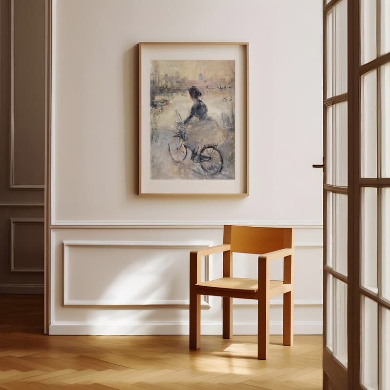 Room view with a matted frame of An abstract vintage oil painting, woman riding a bicycle in a park, side view