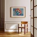 Room view with a matted frame of An abstract art deco pastel pencil illustration, swimmers in a pool