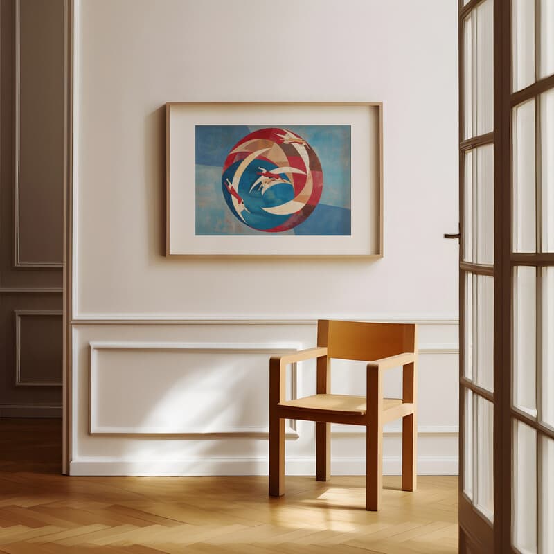 Room view with a matted frame of An abstract art deco pastel pencil illustration, swimmers in a pool