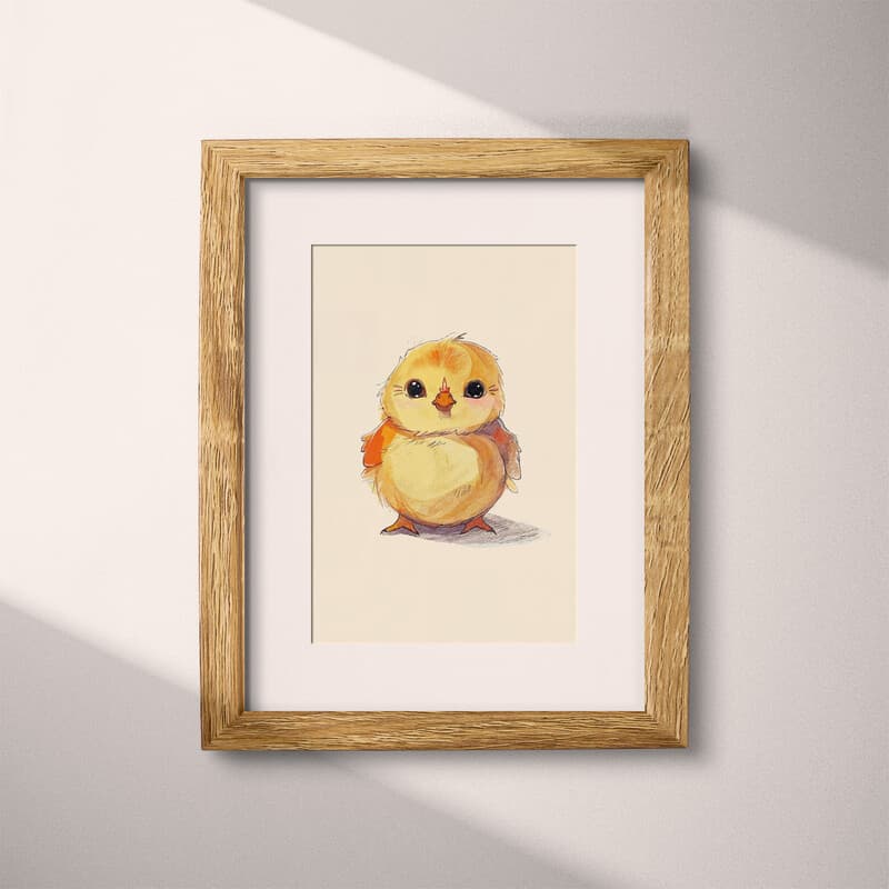 Matted frame view of A cute chibi anime colored pencil illustration, a chicken
