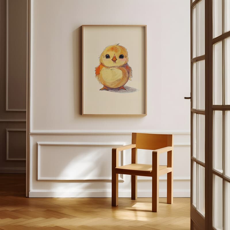 Room view with a full frame of A cute chibi anime colored pencil illustration, a chicken