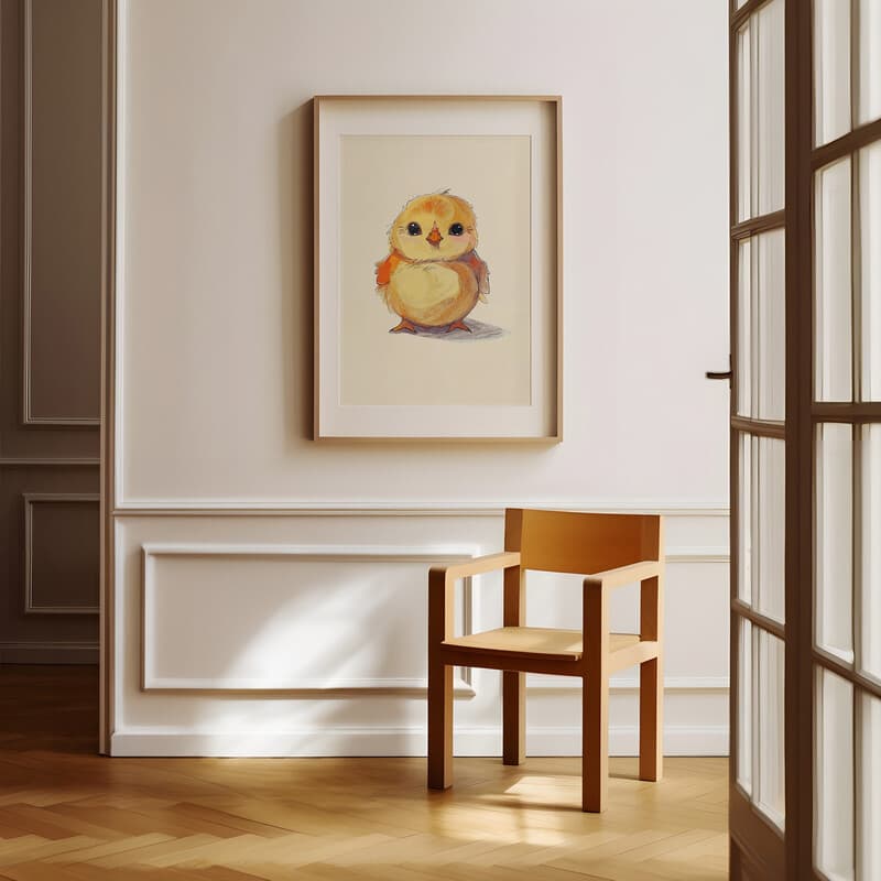 Room view with a matted frame of A cute chibi anime colored pencil illustration, a chicken