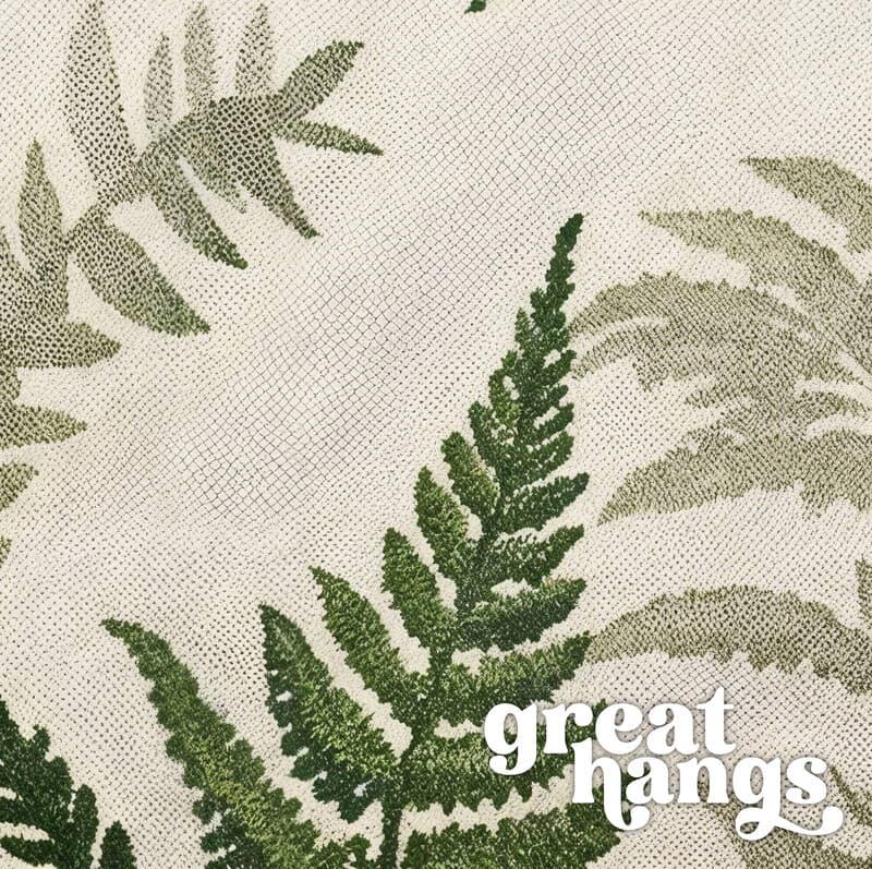 Closeup view of A botanical tapestry print, fern pattern