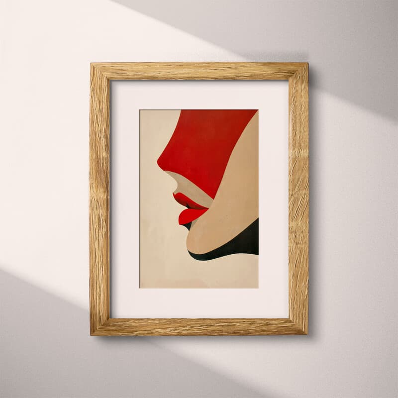 Matted frame view of An abstract vintage oil painting, a woman with red lips