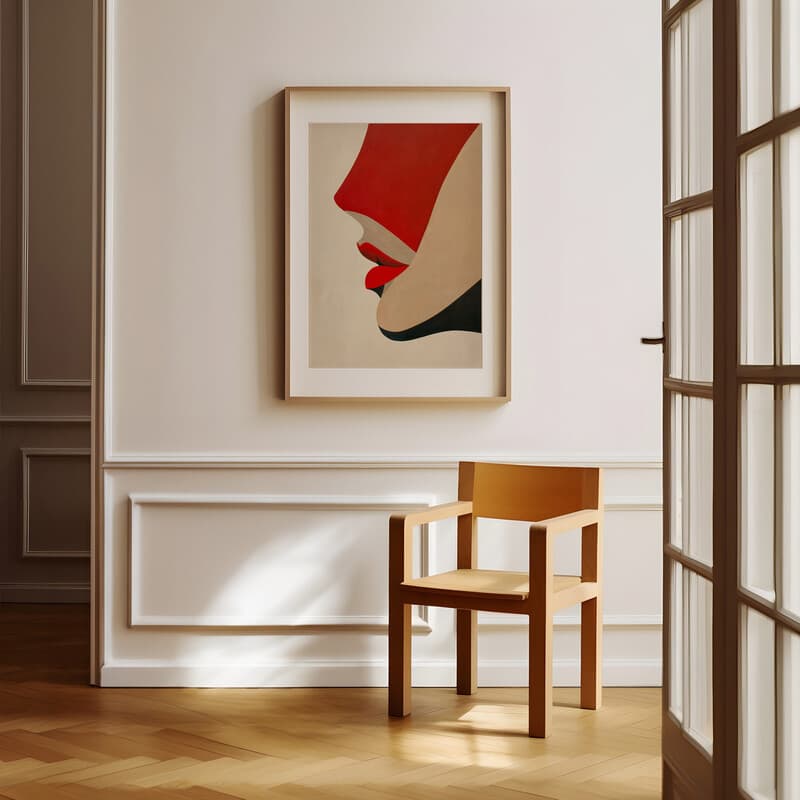 Room view with a matted frame of An abstract vintage oil painting, a woman with red lips