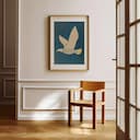 Room view with a matted frame of An abstract minimalist pastel pencil illustration, a bird flying