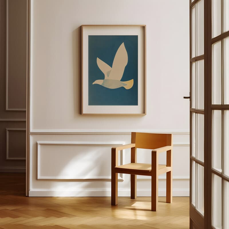 Room view with a matted frame of An abstract minimalist pastel pencil illustration, a bird flying