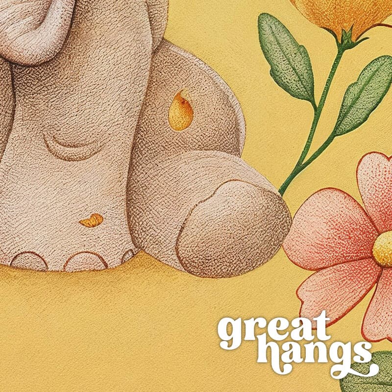 Closeup view of A cute chibi anime colored pencil illustration, an elephant surrounded by flowers