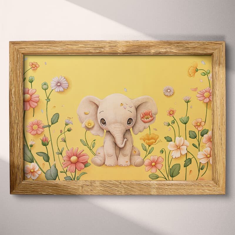 Full frame view of A cute chibi anime colored pencil illustration, an elephant surrounded by flowers