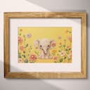 Matted frame view of A cute chibi anime colored pencil illustration, an elephant surrounded by flowers