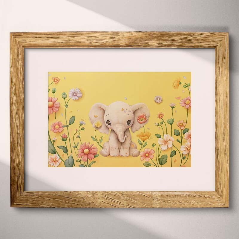 Matted frame view of A cute chibi anime colored pencil illustration, an elephant surrounded by flowers