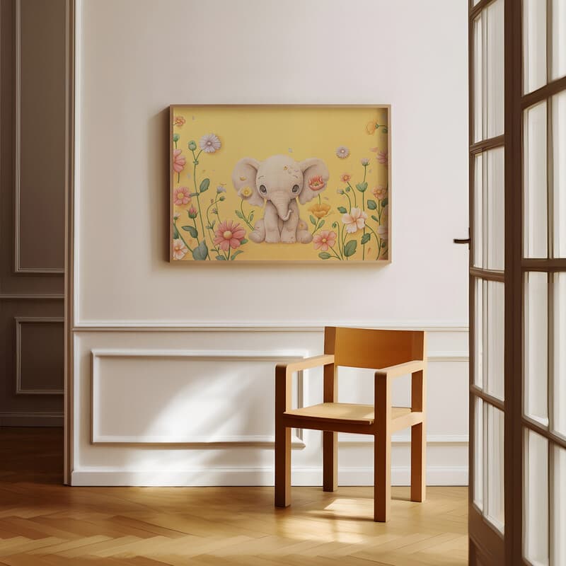 Room view with a full frame of A cute chibi anime colored pencil illustration, an elephant surrounded by flowers