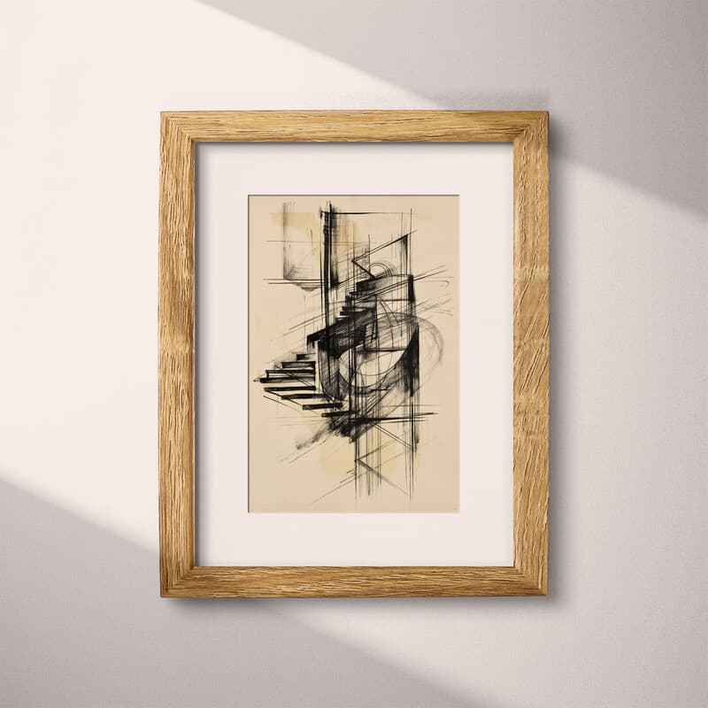 Matted frame view of A vintage graphite sketch, a flight of stairs