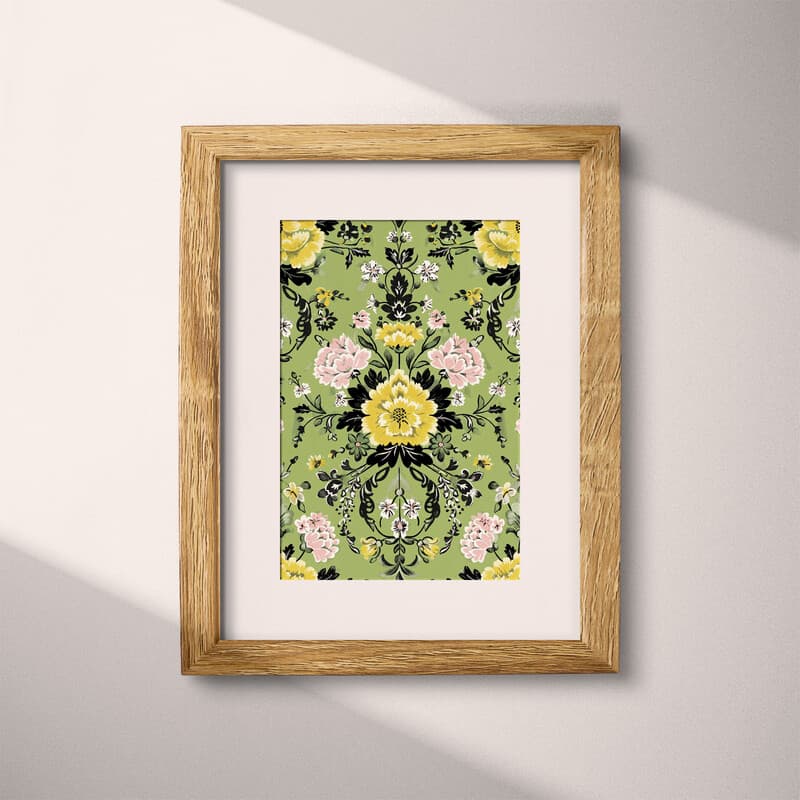 Matted frame view of A french country textile print, symmetric floral pattern