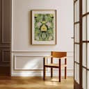 Room view with a matted frame of A french country textile print, symmetric floral pattern