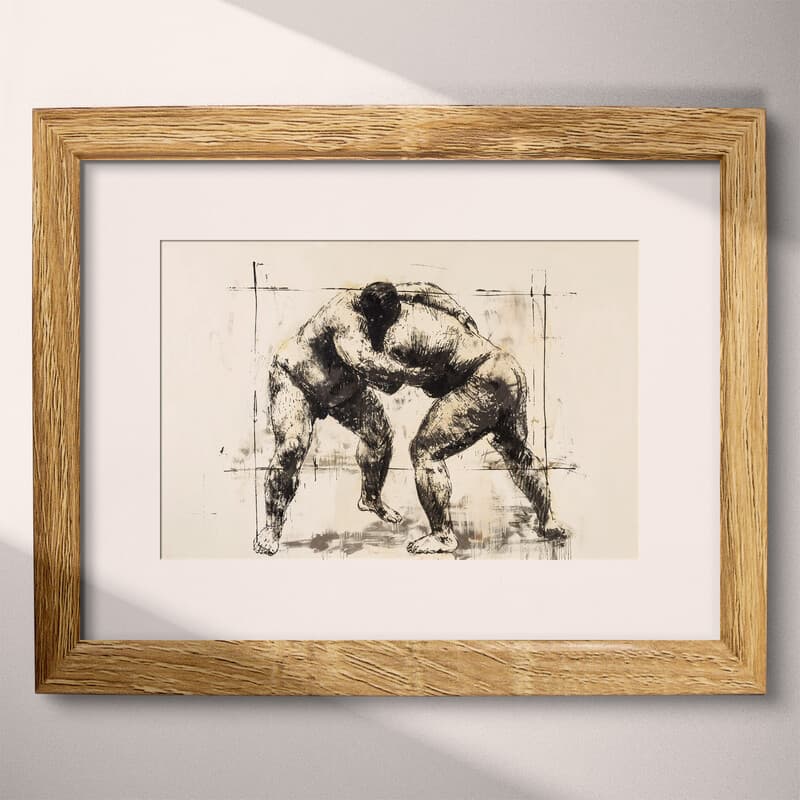 Matted frame view of A vintage charcoal sketch, sumo wrestling