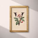 Full frame view of A vintage pastel pencil illustration, the letter "V" with a flower