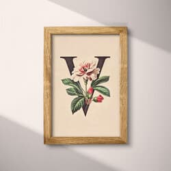 Letter V Art | Typography Wall Art | Flowers Print | Beige, Black, Green, Red and Pink Decor | Vintage Wall Decor | Entryway Digital Download | Valentine's Day Art | Spring Wall Art | Pastel Pencil Illustration