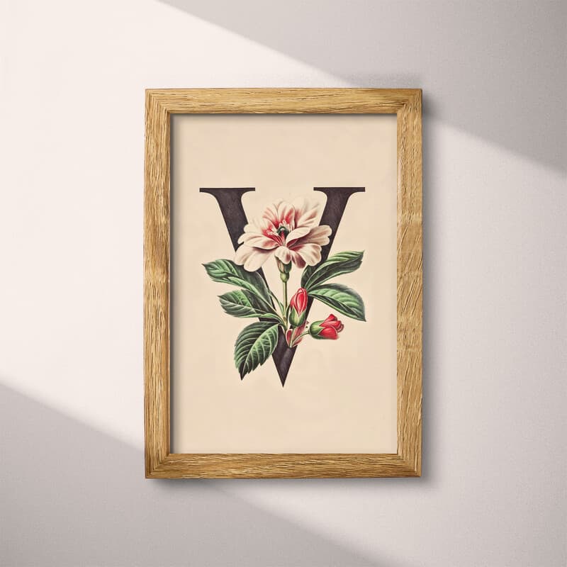 Full frame view of A vintage pastel pencil illustration, the letter "V" with a flower