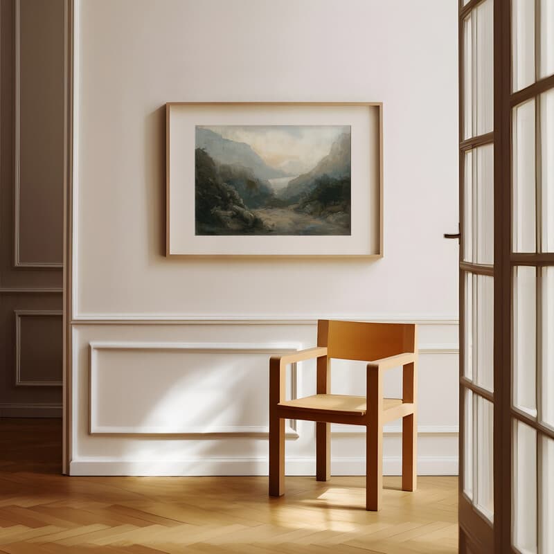 Room view with a matted frame of An impressionist oil painting, a fjord