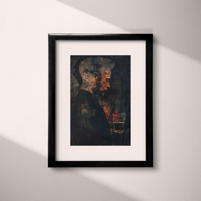 Matted frame view of An abstract vintage oil painting, a man with a glass of whiskey, side view