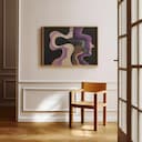 Room view with a full frame of An abstract contemporary pastel pencil illustration, an exaggerated shape