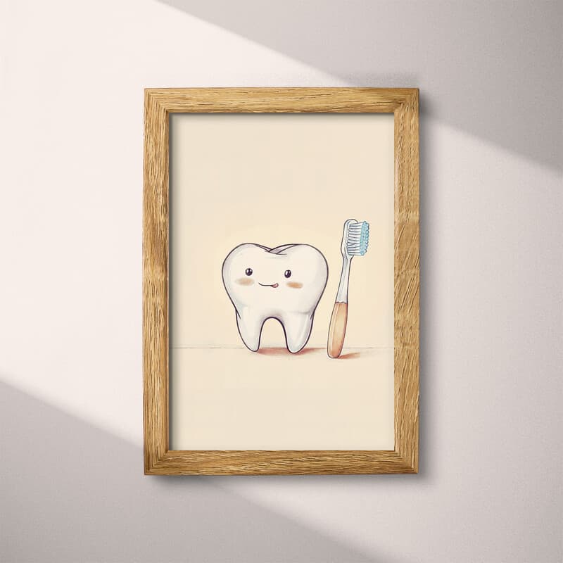 Full frame view of A cute chibi anime pastel pencil illustration, a tooth and toothbrush