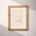 Matted frame view of A cute chibi anime pastel pencil illustration, a tooth and toothbrush