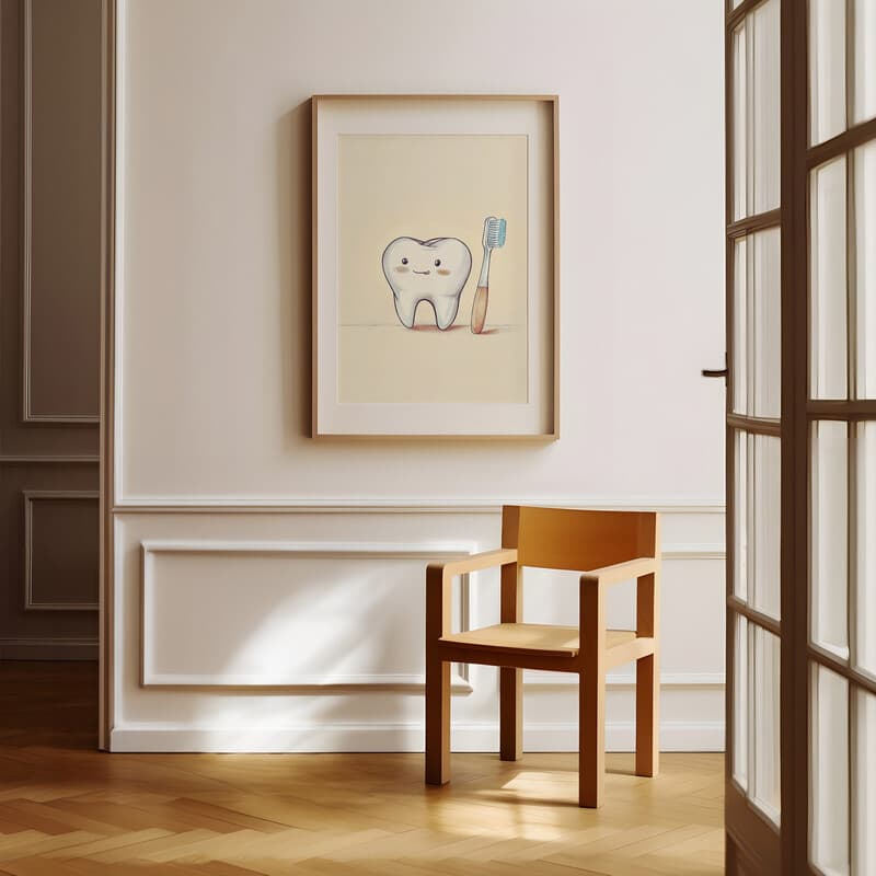 Room view with a matted frame of A cute chibi anime pastel pencil illustration, a tooth and toothbrush