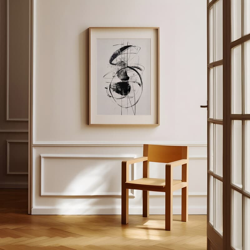 Room view with a matted frame of A vintage charcoal sketch, a sculpture