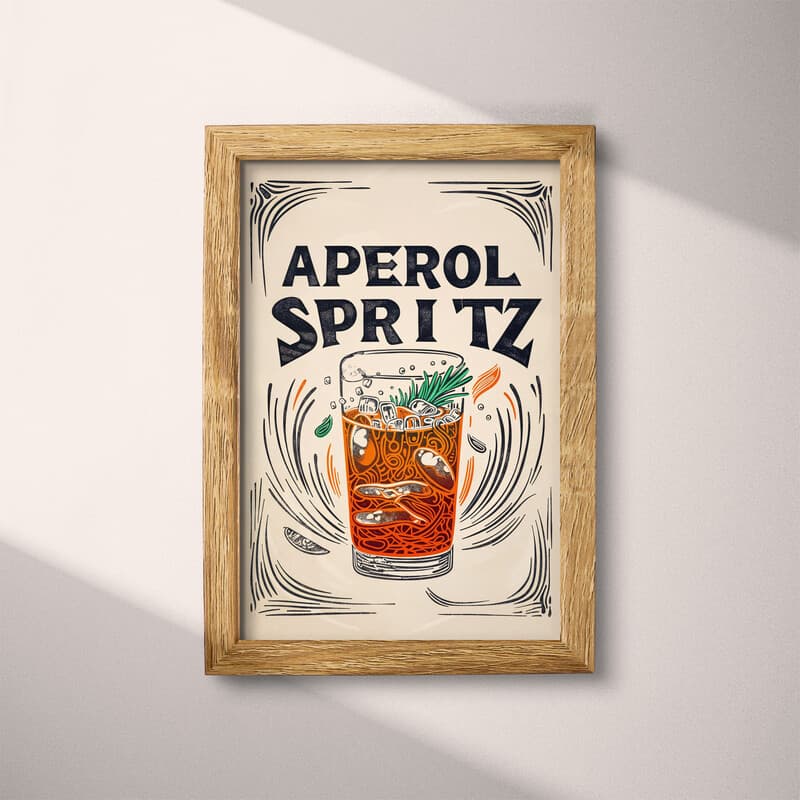 Full frame view of A vintage linocut print, the words "APEROL SPRITZ" with a spritz coctail