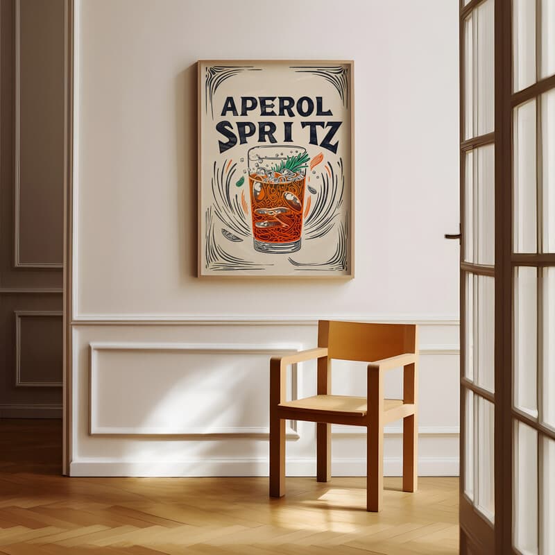 Room view with a full frame of A vintage linocut print, the words "APEROL SPRITZ" with a spritz coctail