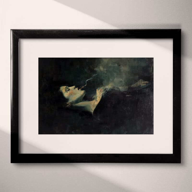 Matted frame view of An abstract vintage oil painting, a woman laying down while smoking