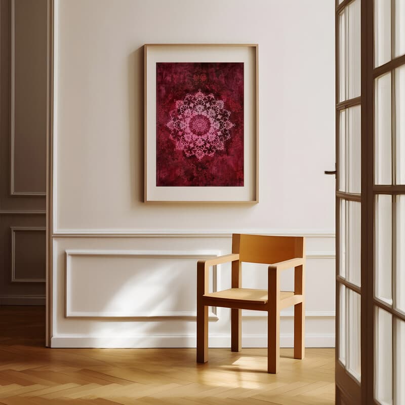 Room view with a matted frame of A french country tapestry print, symmetric intricate pattern