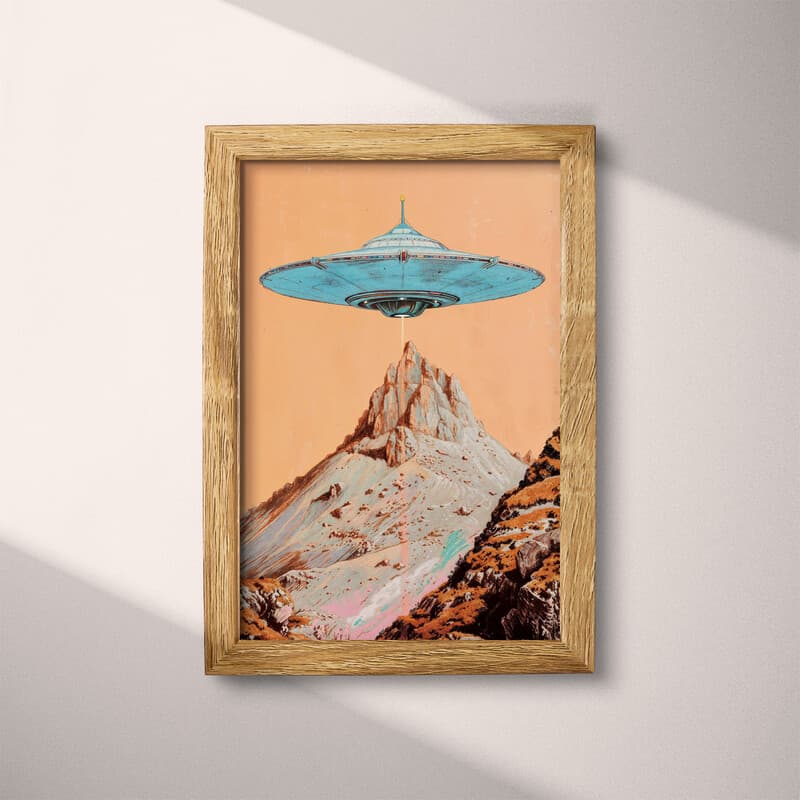 Full frame view of A retro pastel pencil illustration, a UFO over a mountain