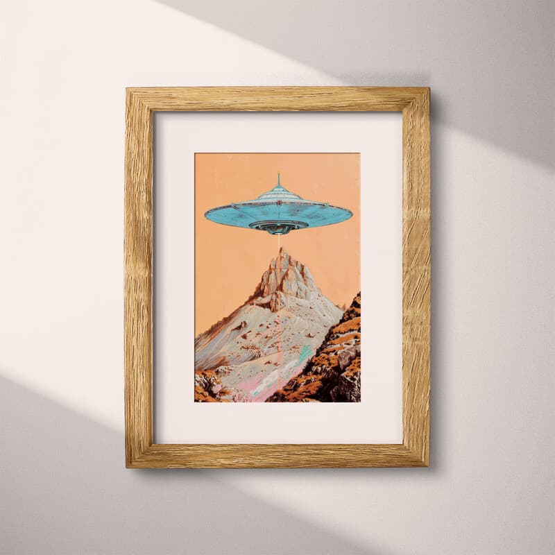 Matted frame view of A retro pastel pencil illustration, a UFO over a mountain