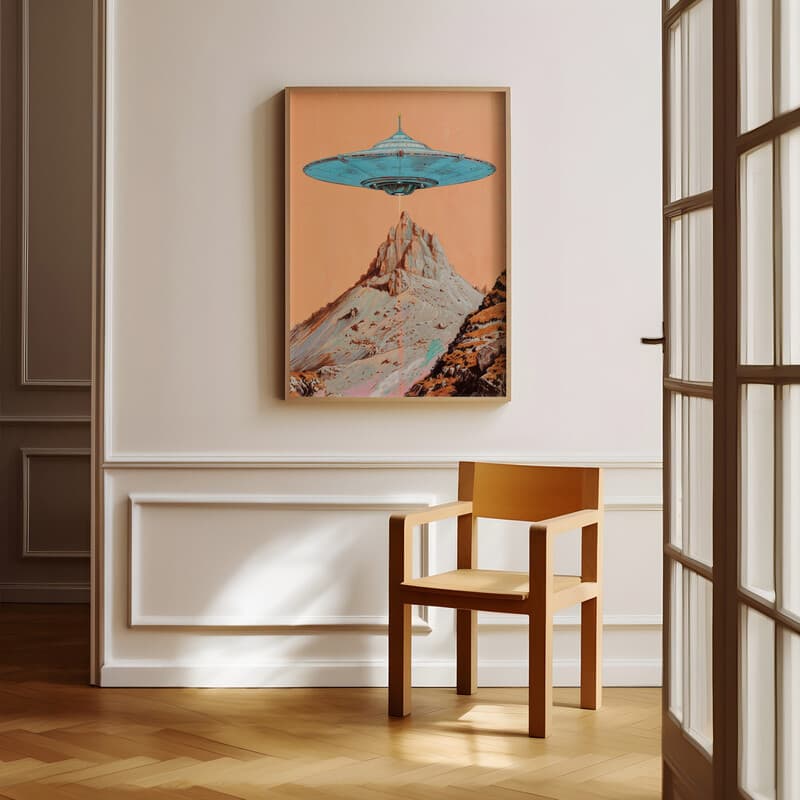 Room view with a full frame of A retro pastel pencil illustration, a UFO over a mountain