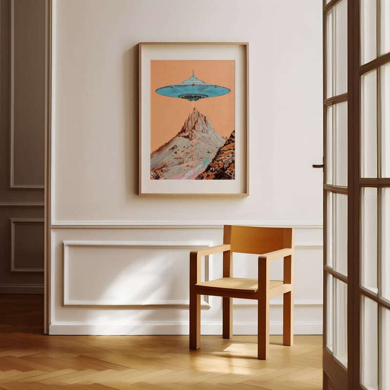 Room view with a matted frame of A retro pastel pencil illustration, a UFO over a mountain